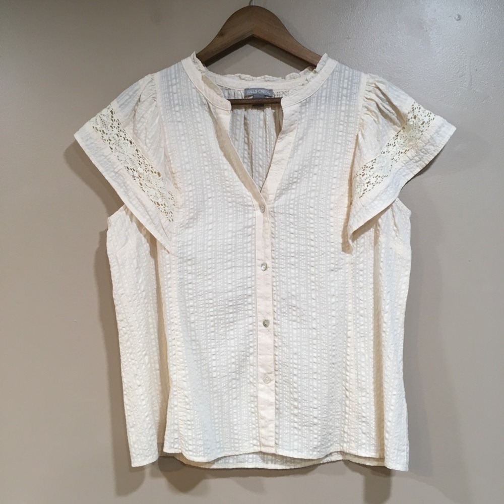 Eyelet Flutter Sleeve Button Up Top Womens L Cream Cottage Coastal Romantic Boho